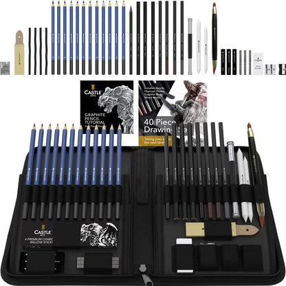 Castle Art Supplies Graphite Drawing Pencils and Sketch Set (40-Piece Kit), Complete Artist Kit Includes Charcoals, Pastels and Zippered Carry Case, - WoodArtSupply