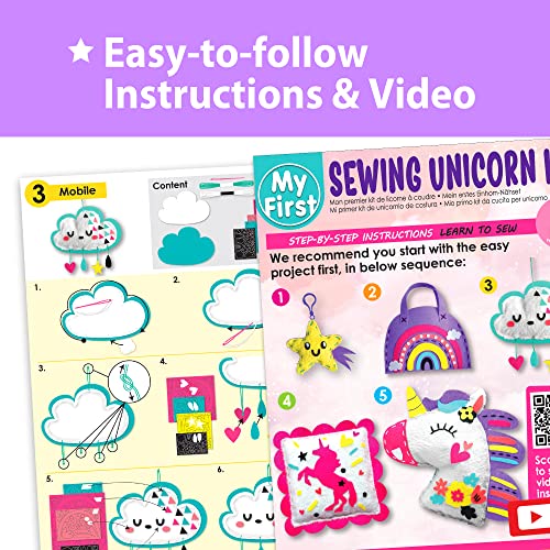 KRAFUN My First Unicorn Kids Sewing kit, Beginner Arts & Crafts, Make 5 Cute Projects with Plush Stuffed Animal, Pillow, Mobile, Keyring and Bag, KRAFUN