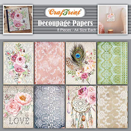 CrafTreat Boho Decoupage Paper for Crafts - Boho - Size: A4 (8.3 x 11.7 Inch) 8 Pcs - Furniture Decoupage Paper Boho - Decoupage Paper for Wood and CrafTreat