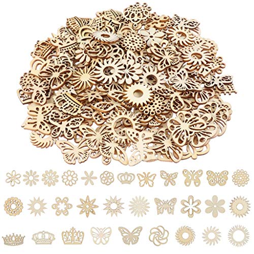 300Pcs Wooden Embellishments,Flower Butterfly Shape Wooden Cutouts Wooden Scrapbooking DIY Handmade Crafts Children Graffiti Home Decor Wooden Crown Haiabei