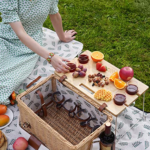 WILLOW WEAVE Picnic Basket with Table, Wine Picnic Basket Set 4, Wicker Picnic Basket for 4, Willow Hamper Service Gift Set with Blanket & Portable - WoodArtSupply