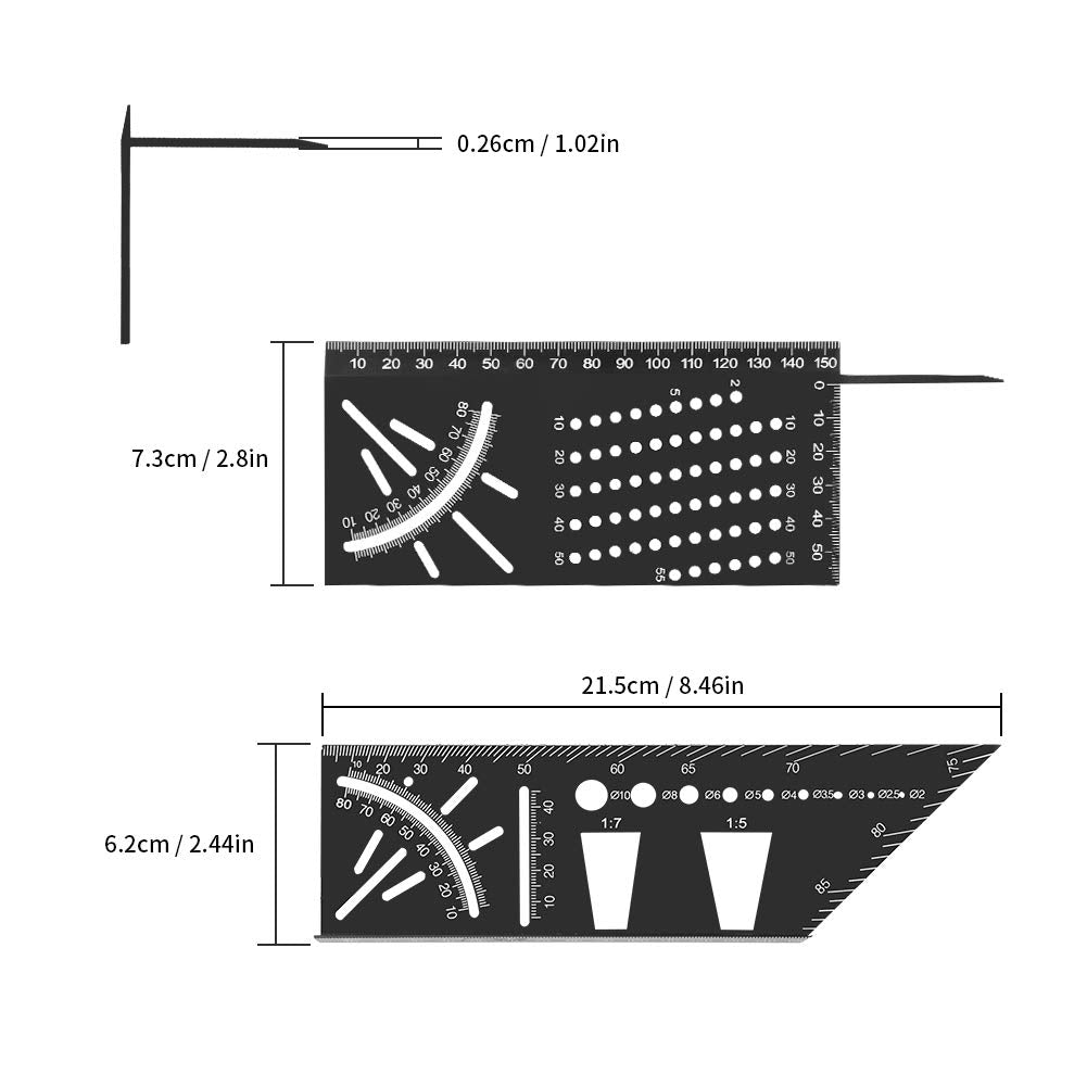 Aluminum Alloy Woodworking Square Size Measure Ruler, welltop 3D Mitre Angle Measuring Tool, Multifunctional 45/90 Degree Angle T Ruler Gauge, for - WoodArtSupply