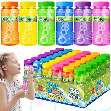 V-Opitos 36 Pack Bubble Bottles with Wands in 6 Colors, 4oz Bubbles Solution, Bubble Party Favors for Kids, Birthday, School Classroom Prizes for V-Opitos
