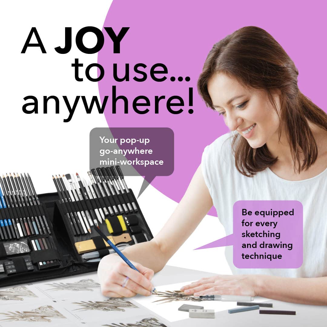 Castle Art Supplies 60 Piece Drawing & Sketching Set | Quality Graphite, Charcoal, Pastel, Water Soluble Pencils + Sticks, Fineliners | For Castle Art Supplies