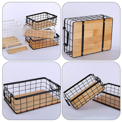 Small Metal Wire Storage Basket, Wood Base Storage Organizer Bin Basket for Kitchen Cabinets, Bathroom, Pantry, Garage, Laundry Room