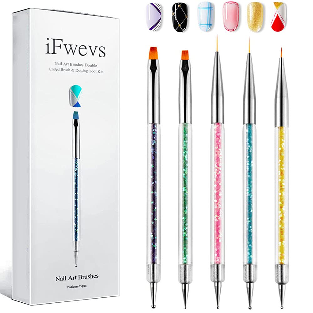 iFwevs Nail Art Brushes,5pcs Double Ended Brush & Dotting Tool Kit,Including Nail Liner Brush and Nail Dotting Pens for Nail Art Nail Salon - WoodArtSupply