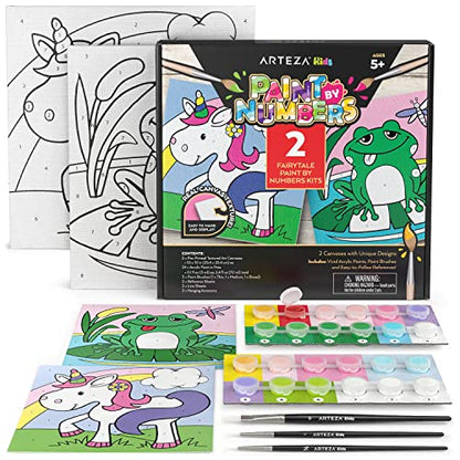Arteza Kids Paint by Numbers Kit, 10" x 10", Pre-Printed Fairytale Canvas Painting Kit with 2 Canvases, 24 Acrylic Paint Pots, 3 Paintbrushes, Art