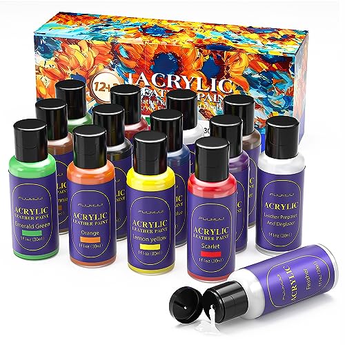 12 Colors Acrylic Leather Paint Kit for Shoes, Sneaker, Couches, Bags, Car Seat, Acrylic Leather Dye Set with Leather Preparer, Acrylic Finisher for Fuumuui