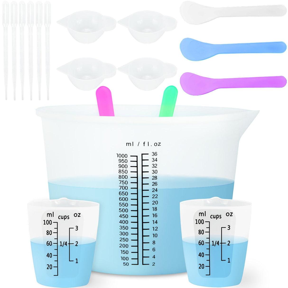 Creahaus 1000ML Large Silicone Measuring Cups for Resin, Easy to Read 36oz Silicone Mixing Bowl with 100ML Silicone Resin Mixing Cup, Easy Clean Creahaus
