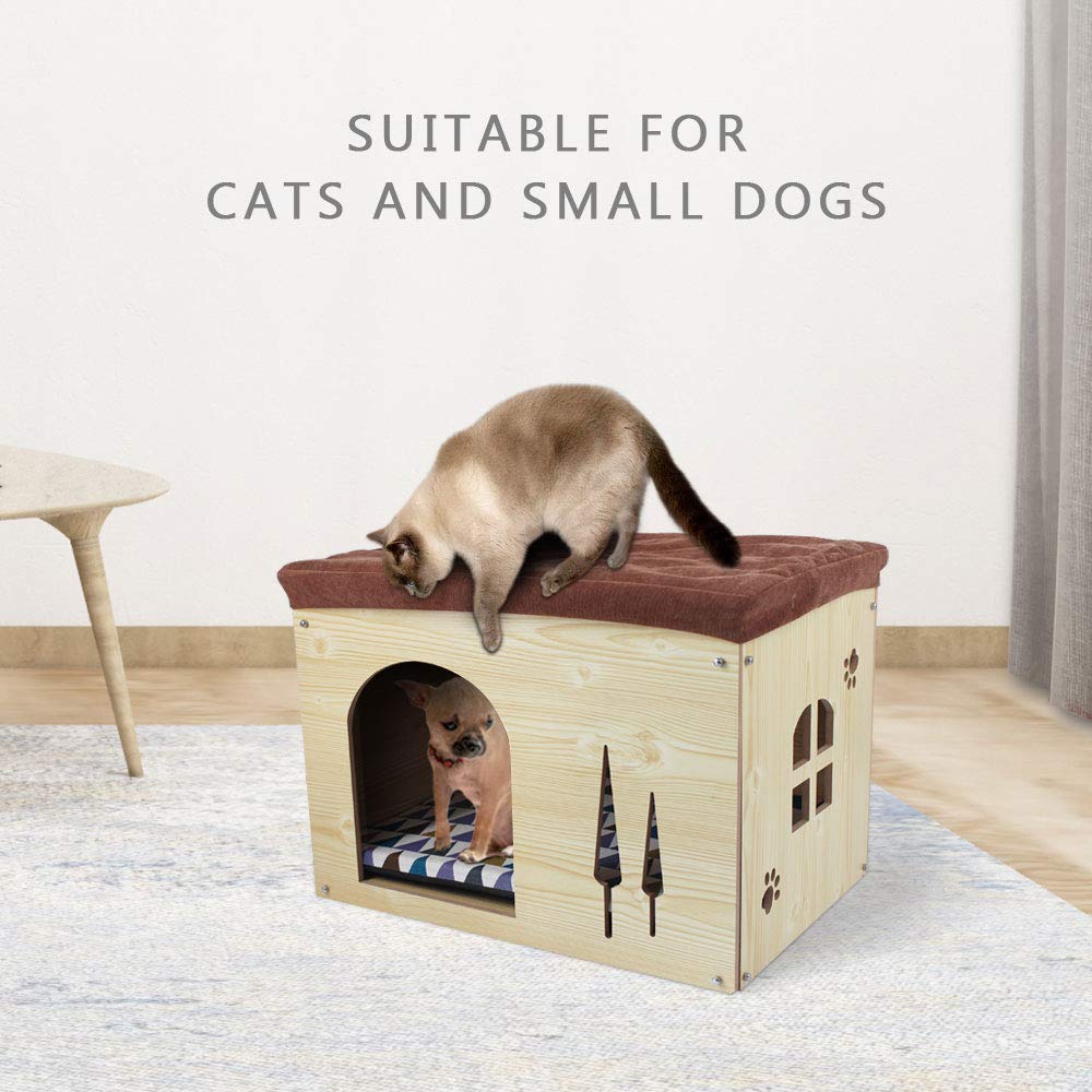 SONGWAY Cat House for Indoor Cats - Wood Pet House Cat Cave with Mat, Cat Condo, Cat Stool, Pet Bed, Storage Ottoman Foot Rest Stool with Cushion, - WoodArtSupply