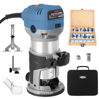 Dobetter 1.25HP Wood Router Tool, 6.5Amp Electric Trim Router, 6 Variable Speed Compact Palm Router Woodworking with 1/4" & 3/8" Collets, 12 Wood