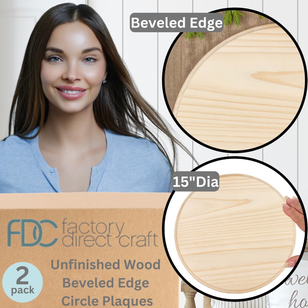 Factory Direct Craft Unfinished Wood Beveled Edge Circle Plaques Set of 2 - Blank Wooden Circle Signs for DIY Crafts and Projects (15 Inches Factory Direct Craft