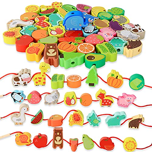 BMTOYS Montessori Educational Threading Toys Wooden Stringing Farm Animals Fruits Lacing Beads Preschool Toy for Toddler 3 4 5 Year Old Boys Girls BMTOYS