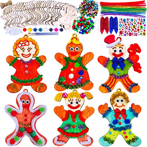 40 Set Wooden Christmas Ornaments Craft Kit DIY Gingerbread Man Ornaments Paintable Wood Gingerman Family Dolls Gingerman Cutout Hanging Christmas