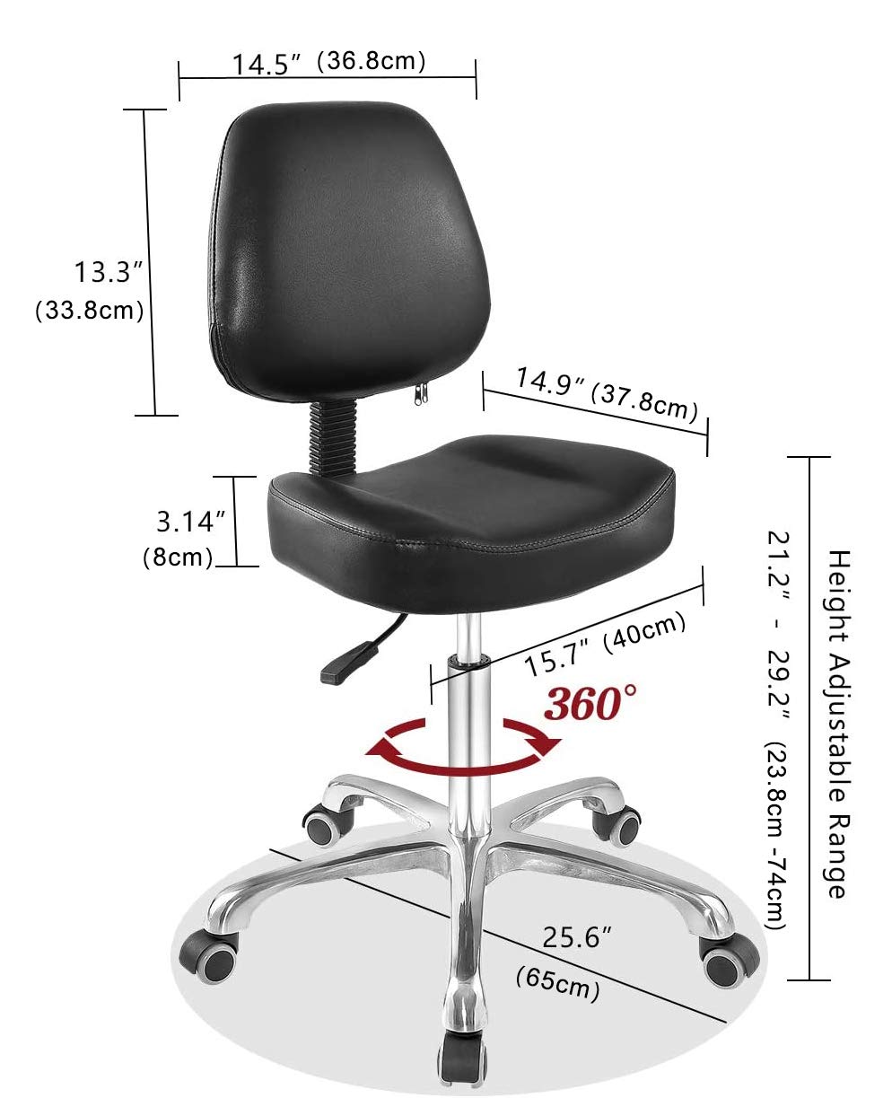 Grace&Grace Rolling Shop Stool Chair with Back Support for Drafting,Work,Studio,Workshop,Office,Rolling Vanity Chair with Wheels (Black, Without Foot - WoodArtSupply