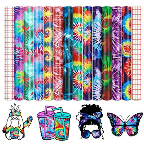 Tintnut Tie Dye Permanent Vinyl - 12 Sheets 12"x10", Seamless Colorful Adhesive Vinyl, Swirl Pattern Self Sticker Waterproof Vinyl Compatible with Tintnut