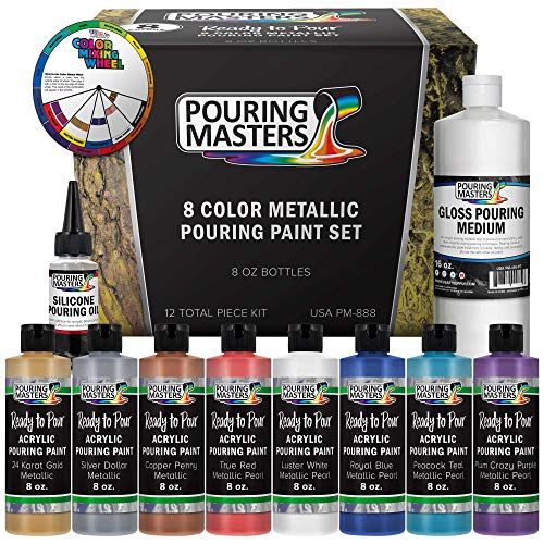 U.S. Art Supply Pouring Masters 8-Color Metallic Ready to Pour Acrylic Metallic Pouring Paint Set - Premium Pre-Mixed High Flow 8-Ounce Bottles - for - WoodArtSupply