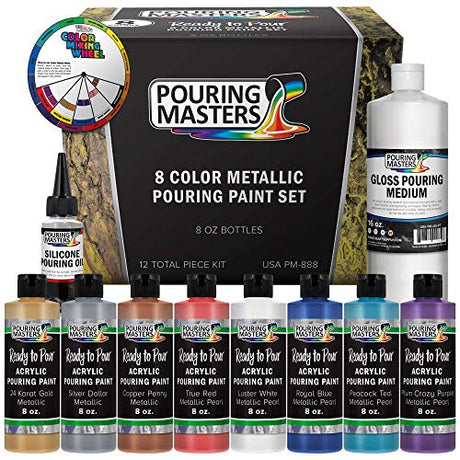 U.S. Art Supply Pouring Masters 8-Color Metallic Ready to Pour Acrylic Metallic Pouring Paint Set - Premium Pre-Mixed High Flow 8-Ounce Bottles - for U.S. Art Supply