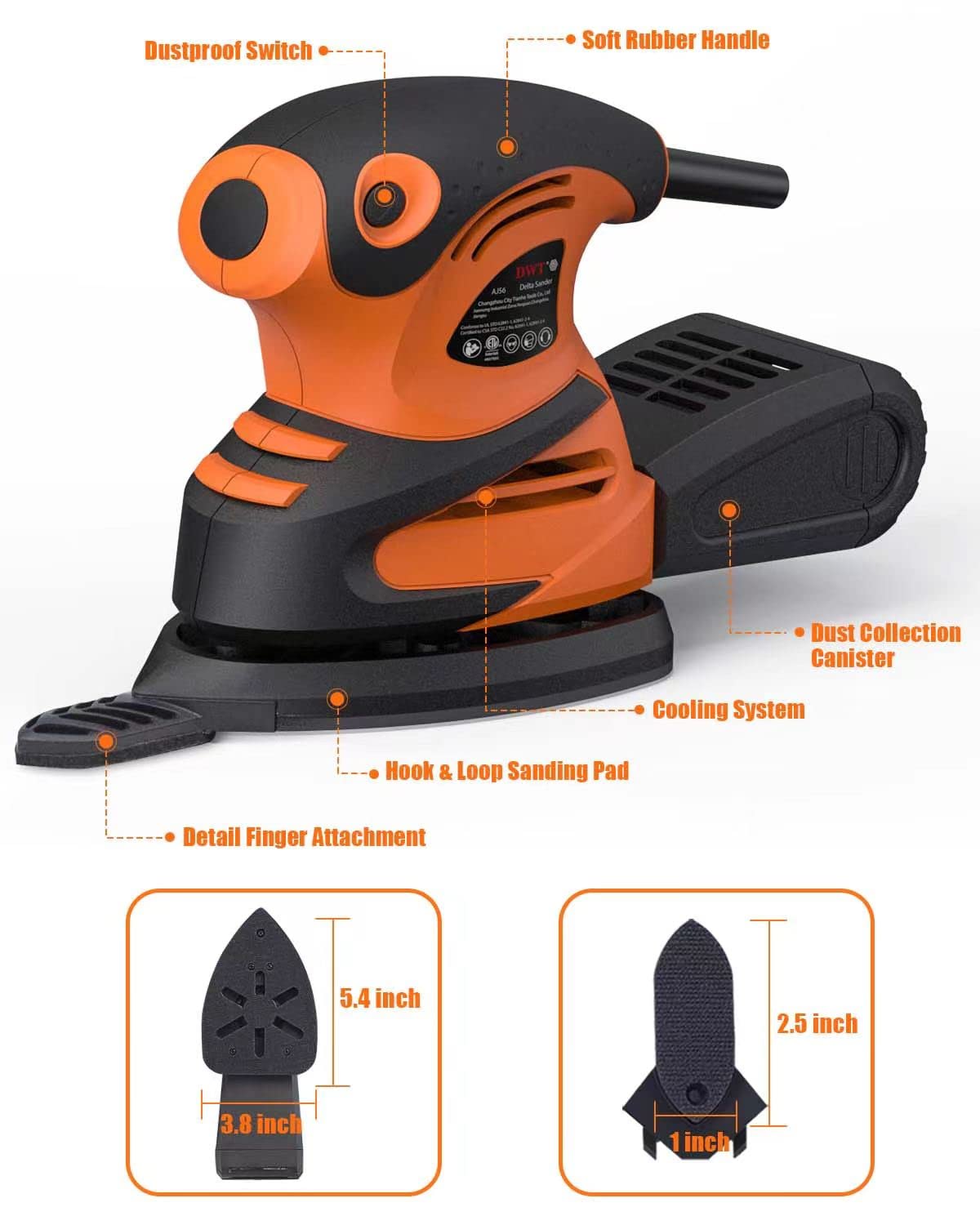 DWT Detail Sander, 1.5A 15000 OPM Electric Sander with 24pcs Sandpapers, Efficient Dust Collection System & Detail Finger Attachment, Soft Grip DWT