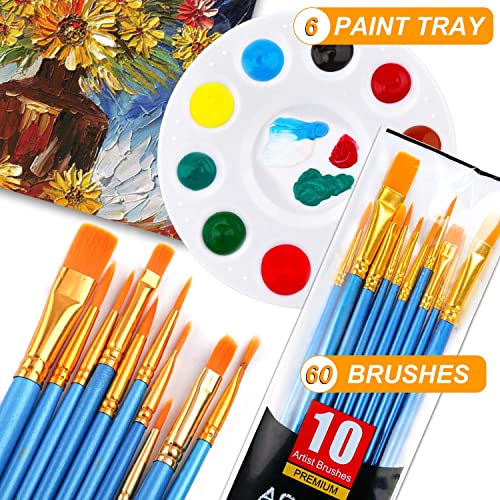 Painting Brush Palette Set, with 6 Packs of 60 Brushes and 6 Palettes,Nylon  Brush Head, Suitable for Oil Watercolor, etc., Perfect Art Painting Set.