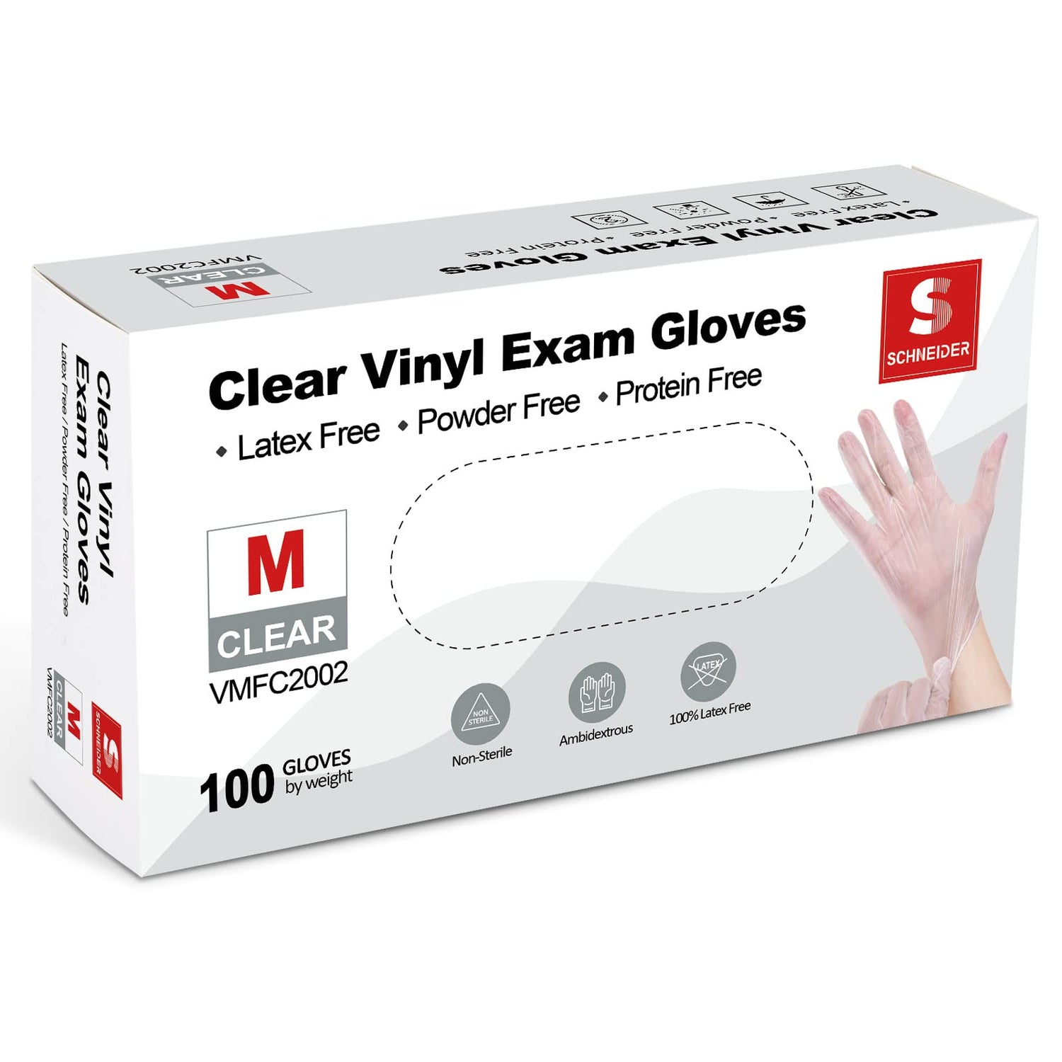 Schneider Clear Vinyl Exam Gloves, 4-mil, Medium 100-ct Box, Latex-Free, Rubber Disposable Gloves For Medical, Cleaning , Food Prep, Food Safe, Schneider
