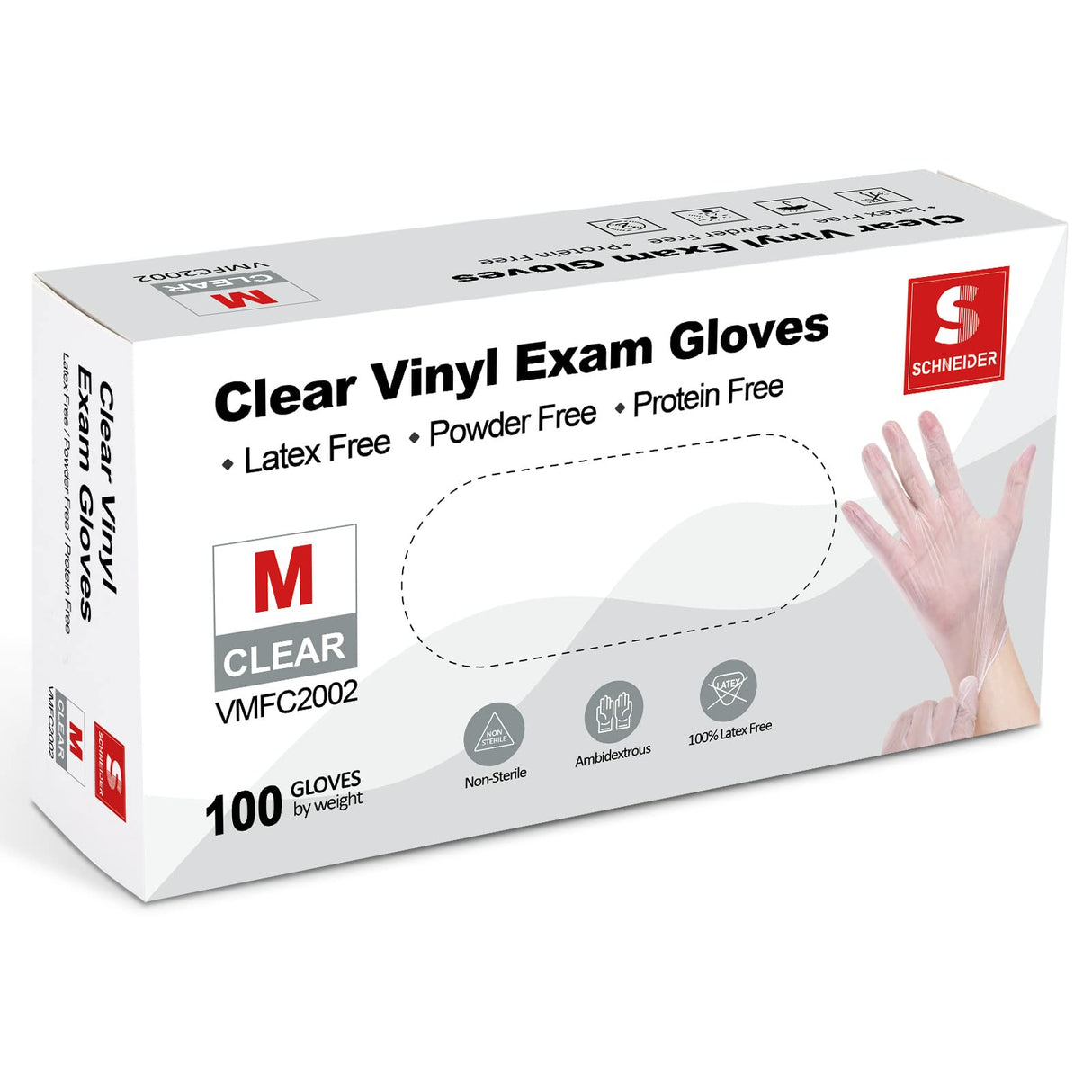 Schneider Clear Vinyl Exam Gloves, 4-mil, Medium 100-ct Box, Latex-Free, Rubber Disposable Gloves For Medical, Cleaning , Food Prep, Food Safe, Schneider