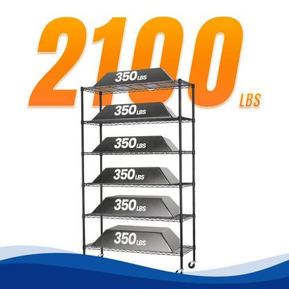 Storage Shelves 2100Lbs Capacity, 6-Shelf on Casters 48" L×18" W×72" H Commercial Wire Shelving Unit Adjustable Layer Metal Rack Strong Steel for