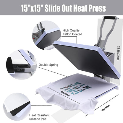 AKEYDIY Heat Press 15X15 Slide Out Sublimation T-Shirt Heat Press Machine for T Shirts Industrial-Quality Digital Sublimation Heat Press Machine for - WoodArtSupply