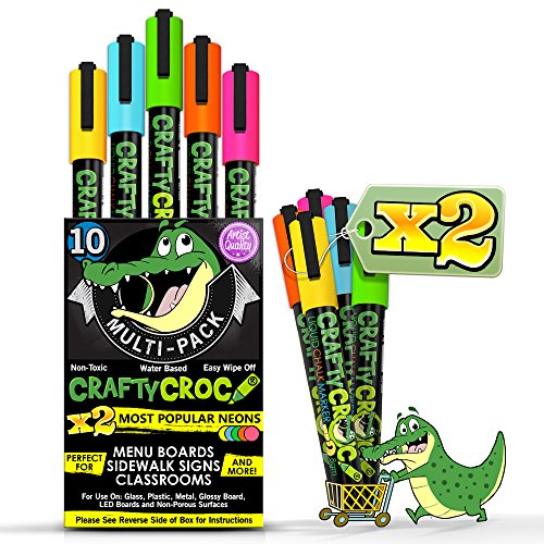 Crafty Croc Liquid Chalk Markers, Neon Chalk Pens Glow Under Blacklight, Includes 2 Each Fluorescent Yellow, Blue, Green, Orange and Pink (10 Pack) Crafty Croc