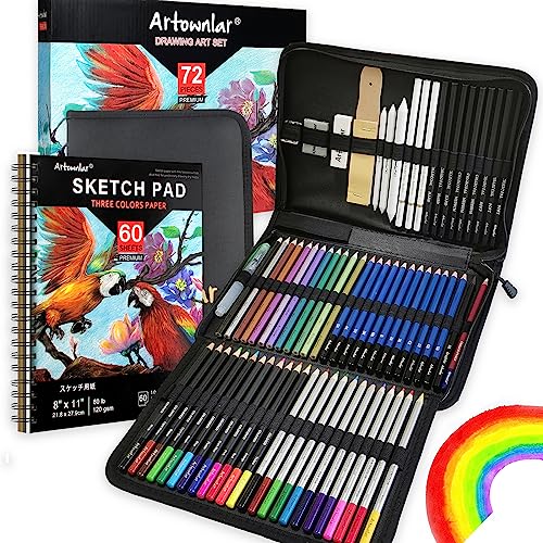 Artownlar 72 Pack Drawing Sketching Set with 8x11" Sketchbook | Pro Art Supplies Kit for Artist Adults Teens Beginner | Graphite Charcoal, Watercolor - WoodArtSupply