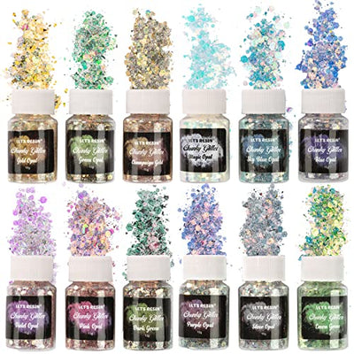 LET'S RESIN Opal Chunky Glitter for Resin, 12 * 10g Craft Powder for Tumblers/Slime, Iridescent Chameleon Glitter Sequins Festival Decor(Each 0.35oz)