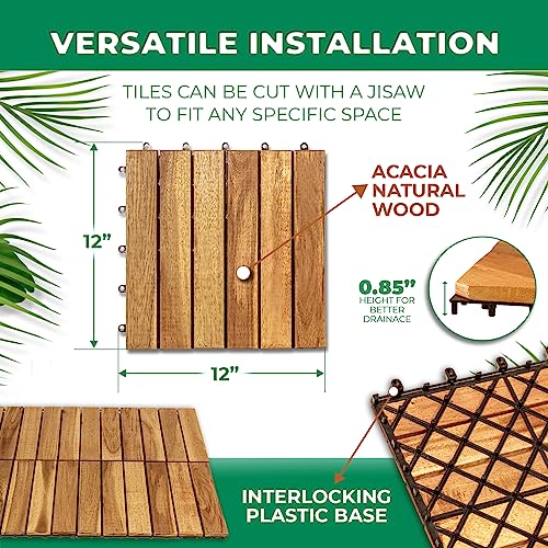 Solid Wood Interlocking Flooring Tiles (Pack of 10, 12" x 12"), Acacia Deck Tiles, Floor Tiles for Both Indoor and Outdoor Use, Waterproof All