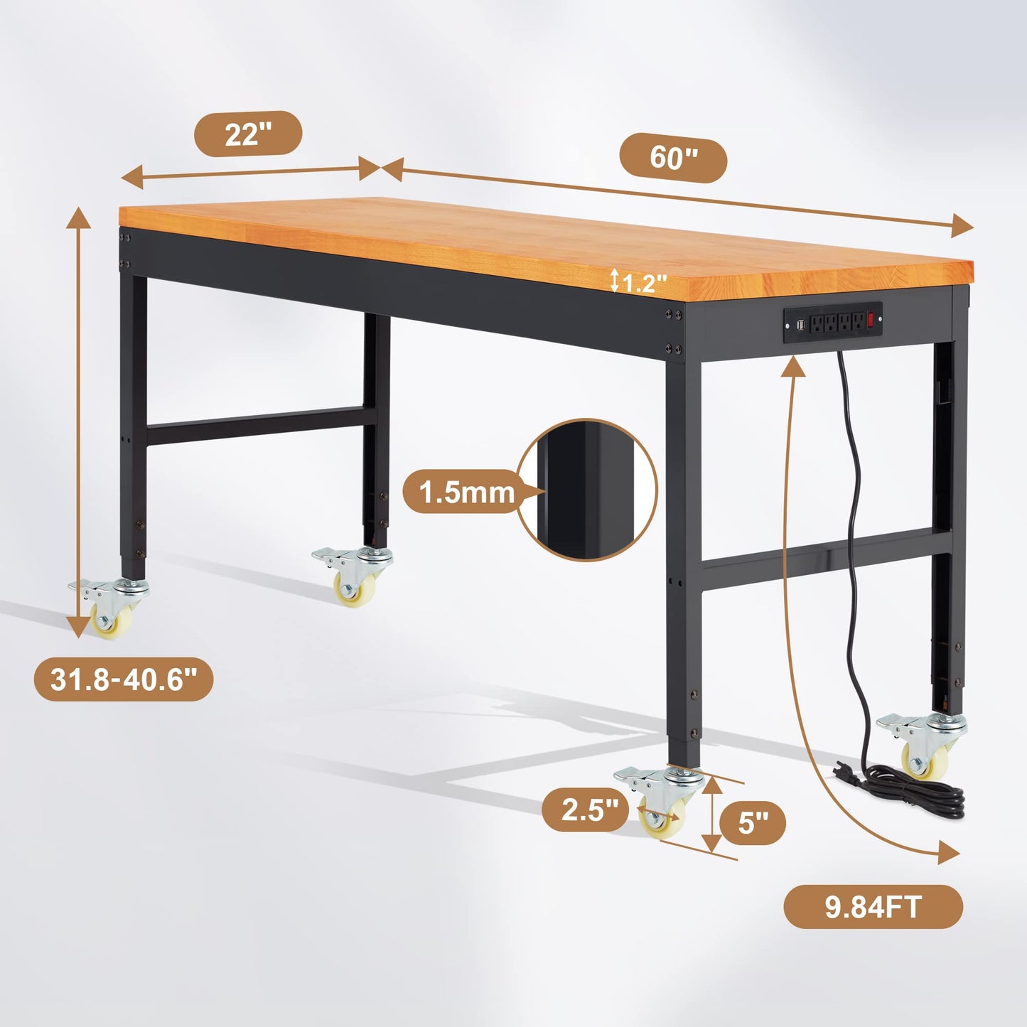 HABUTWAY Height Adjustable Workbench with Wheels 60“ x 22" 2000 Lbs Capacity Oak Board Work Station Heavy-Duty Rolling Work Benches for Garage Party - WoodArtSupply