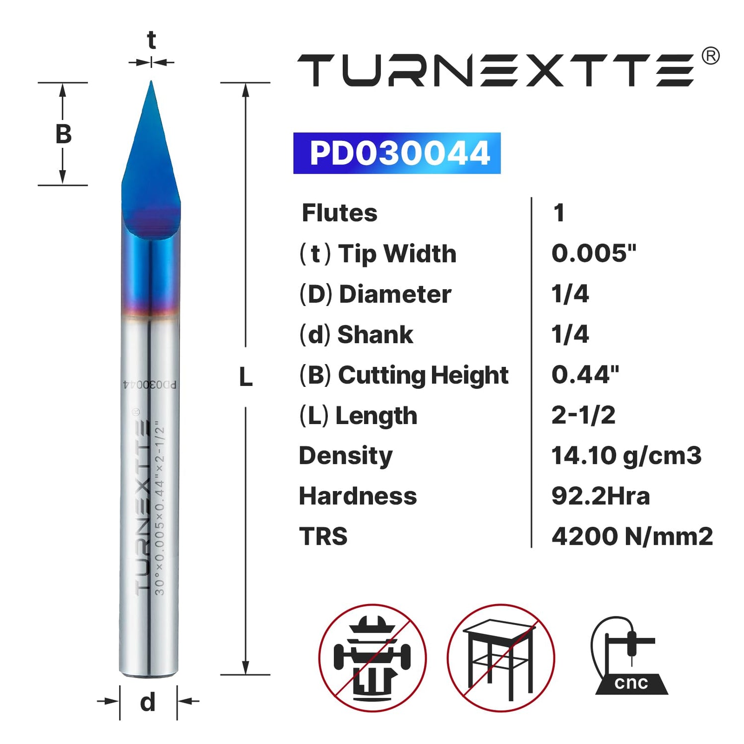 Turnextte 30 Degree V Groove Engraving Router Bit for CNC, Single Flute 0.005 inch Tip and 1/4 inch Shank Carving Bit with Nano Coated Carbide End Turnextte