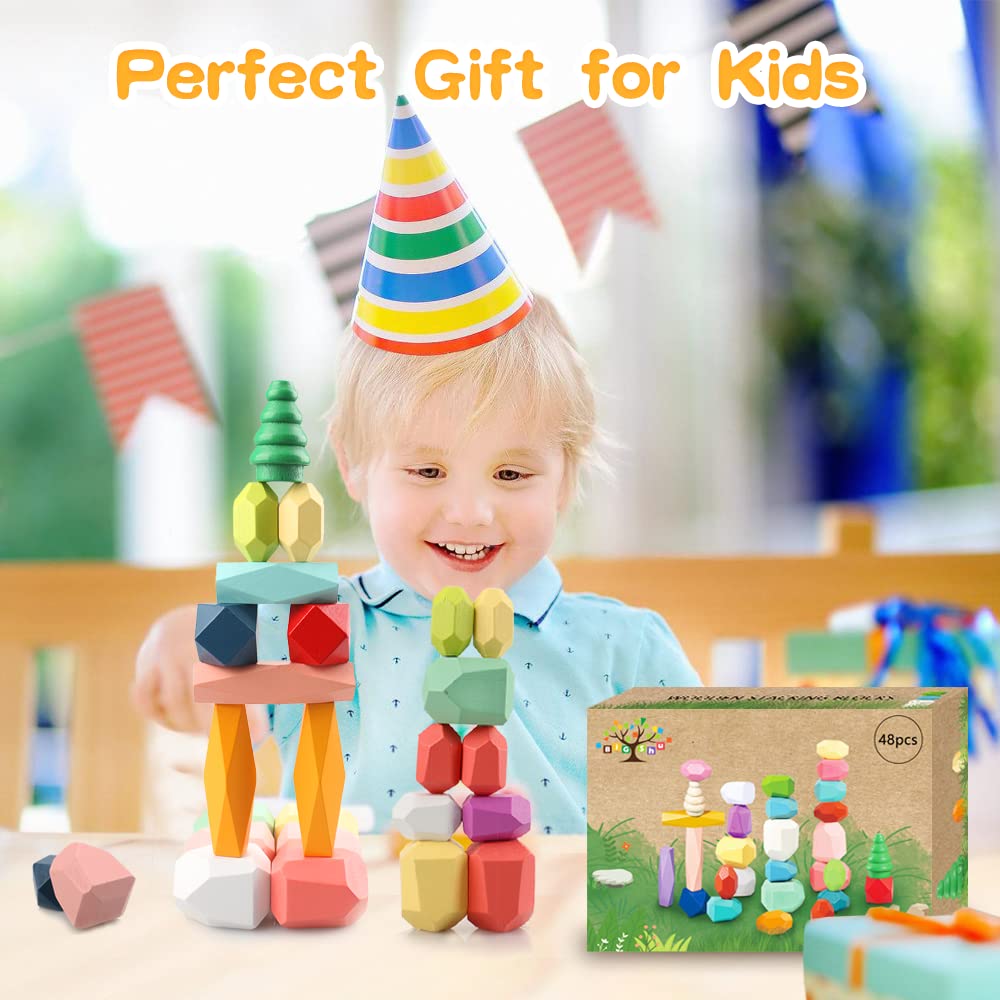 48PCS Wooden Stacking Building Blocks Montessori Toys for 1 2 3 4 5 6 Year Old Girls Boys Preschool Educational Sensory Toys for Toddlers 1-3 STEM BigShu