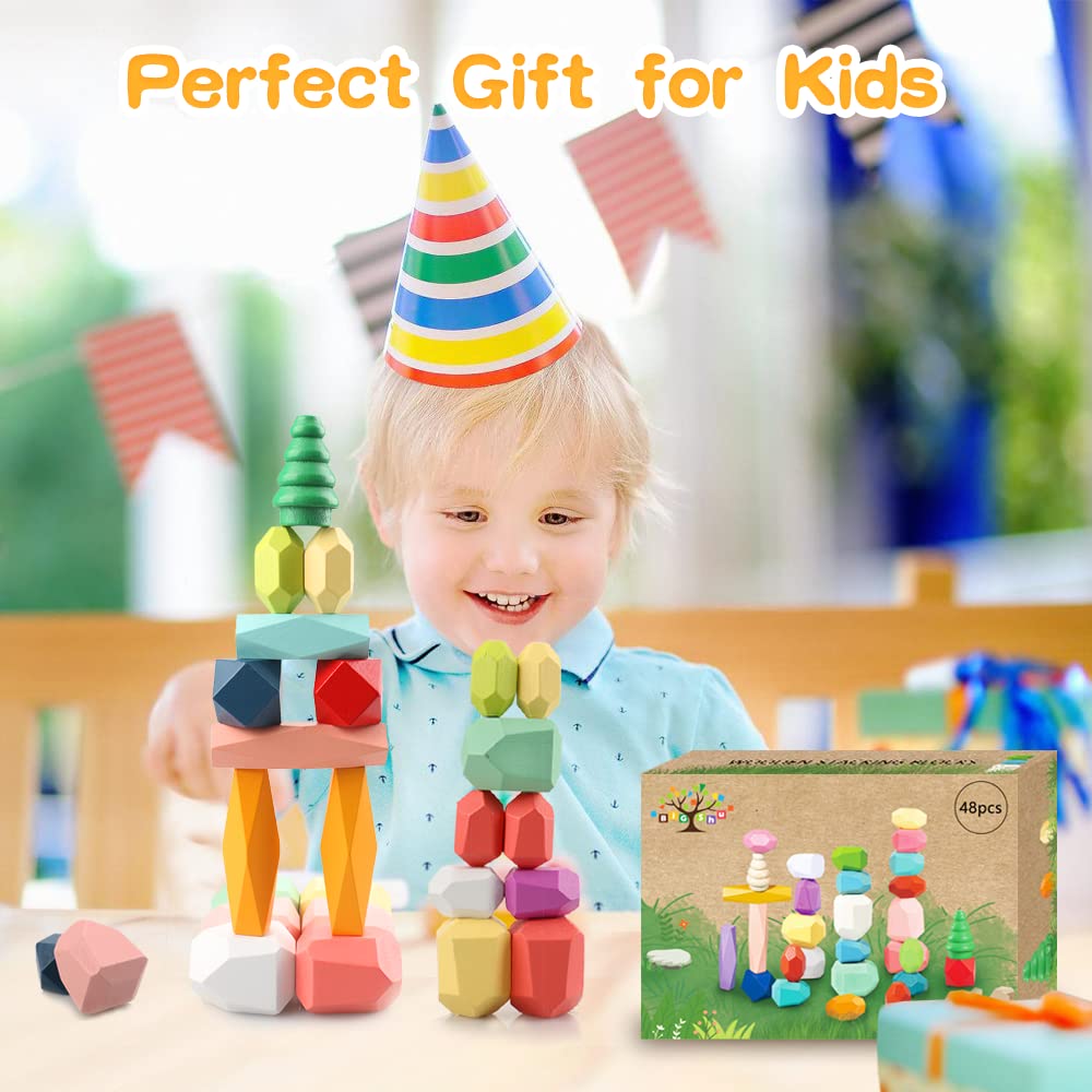 48PCS Wooden Stacking Building Blocks Montessori Toys for 1 2 3 4 5 6 Year Old Girls Boys Preschool Educational Sensory Toys for Toddlers 1-3 STEM