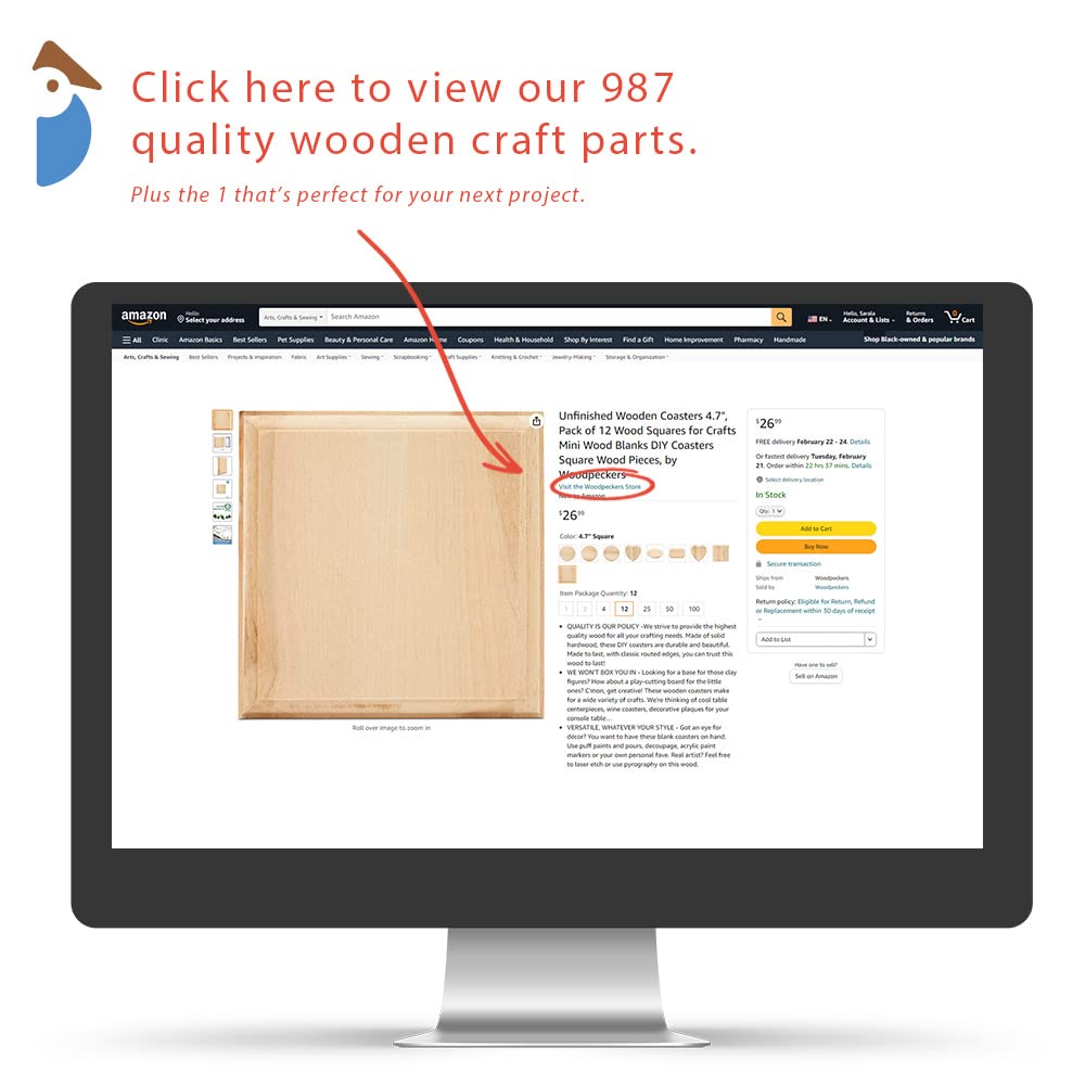 Unfinished Wooden Coasters 4.7", Pack of 4 Wood Squares for Crafts Mini Wood Blanks DIY Coasters Square Wood Pieces, by Woodpeckers Woodpeckers