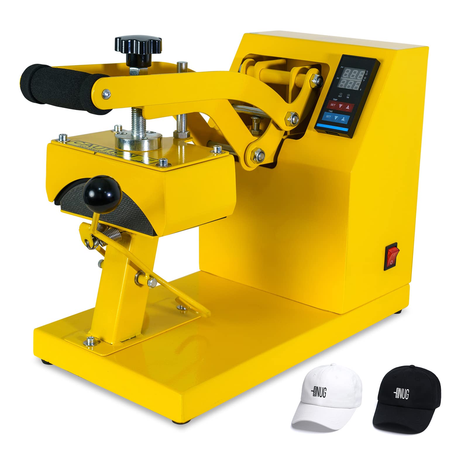 Cap Heat Press Machine Clamshell Design Rigid Steel Frame Curved Hat Press Digital LCD Timer and Temperature Control, Yellow - WoodArtSupply