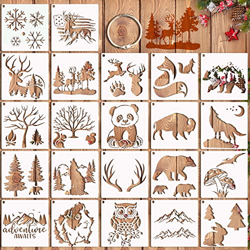 22pcs Forest Wildlife Animal Stencils, Bear Wolf Deer Pine Tree Stencils Template Reusable Mountain Panda Winter Wood Burning Stencils for Painting