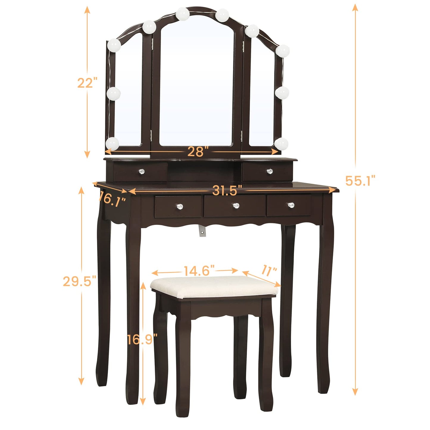 Tiptiper Vanity Desk, Makeup Vanity Set with Lighted Mirror and Stool, Dressing Table with 5 Drawers, 3 Light Settings & Adjustable Brightness, - WoodArtSupply