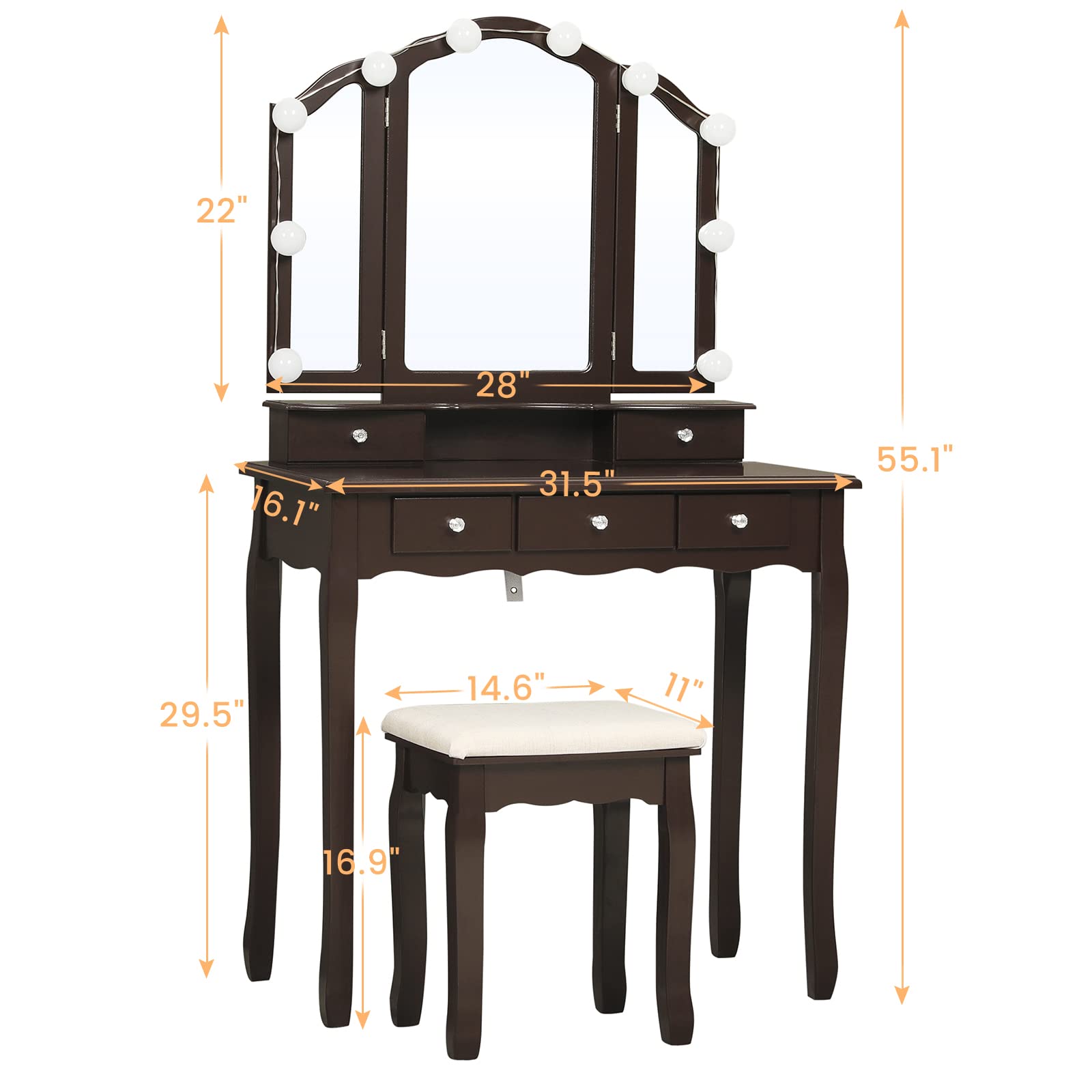 Tiptiper Vanity Desk, Makeup Vanity Set with Lighted Mirror and Stool, Dressing Table with 5 Drawers, 3 Light Settings & Adjustable Brightness, - WoodArtSupply