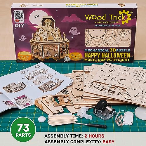 Wood Trick Halloween Wooden Music Box Kit - Addams Melody - w/Red Lighting - 3D Wooden Puzzle for Adults and Kids to Build - Engineering DIY Project Wood Trick