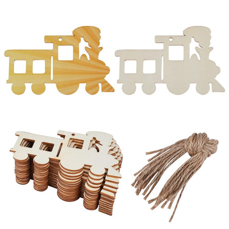 GORGECRAFT 20PCS Train Wooden Cutout Vehicle Unfinished Wood Pendants Blank Wood Slices Ornaments Gift Tag Hanging Sets with Hole Ropes for Crafts GORGECRAFT