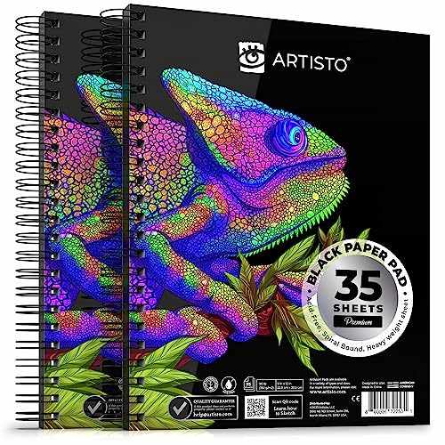 ARTISTO 9x12" Premium Black Paper Pads, Spiral Bound Sketchbook, Pack of 2, 70 Sheets (150g/m2), Acid-Free Drawing Paper, Ideal for Kids, Teens & - WoodArtSupply