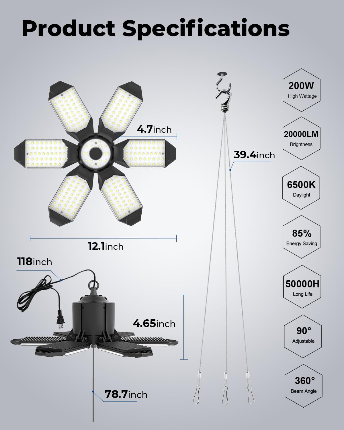 toberich 2-Pack Plug in Garage Light, 200W 20000LM Linkable LED Shop Light w/Pull Chain(ON/Off), 6+1 Deformable Panels, 6500K LED Ceiling Lights for - WoodArtSupply