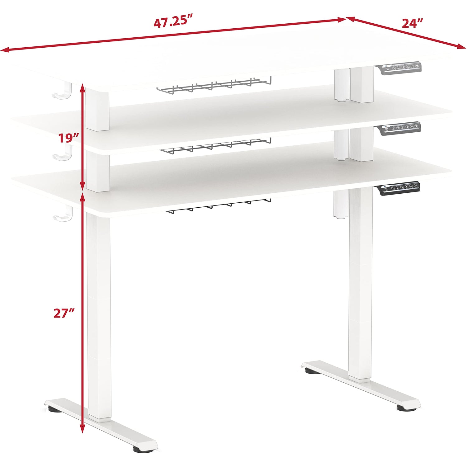 SHW Electric Height Adjustable Sit Stand Desk with Hanging Hooks and Cable Management, 48 x 24 Inches, White Frame and White Top SHW