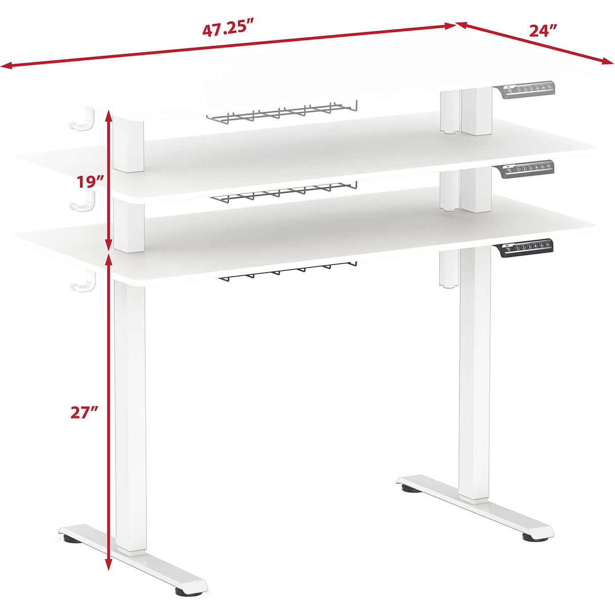 SHW Electric Height Adjustable Sit Stand Desk with Hanging Hooks and Cable Management, 48 x 24 Inches, White Frame and White Top SHW