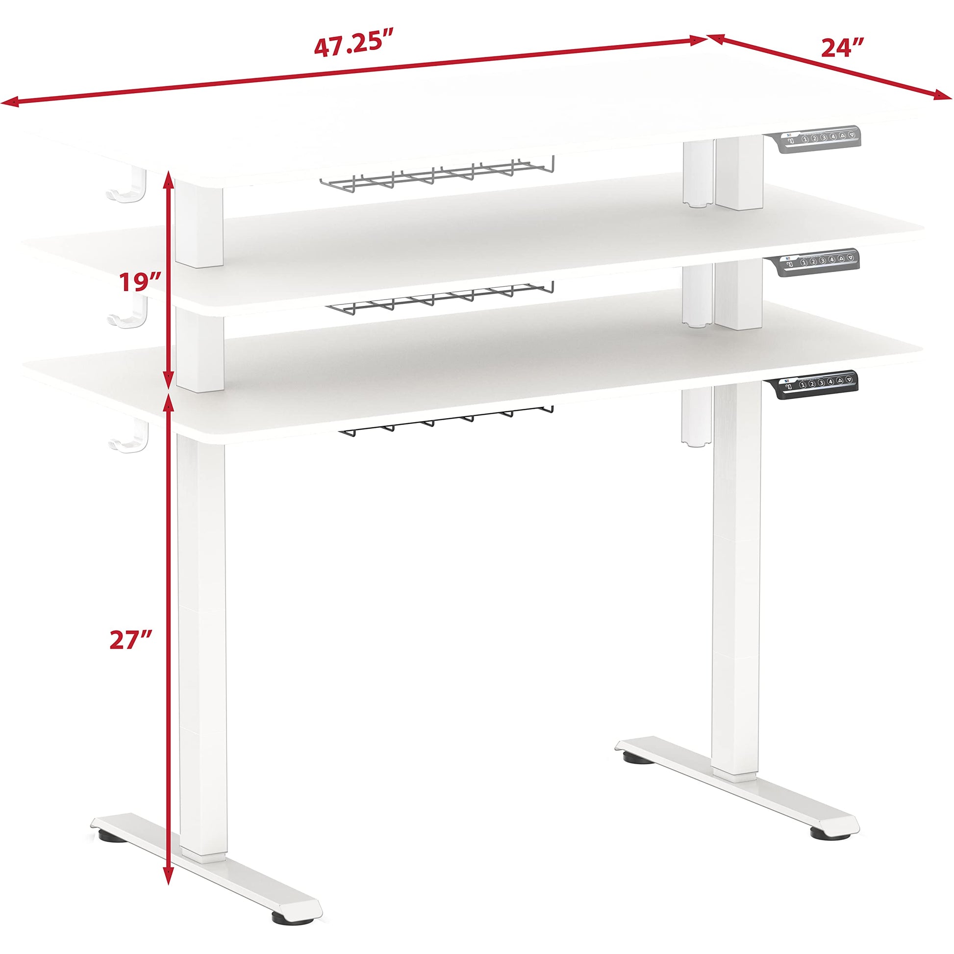 SHW Electric Height Adjustable Sit Stand Desk with Hanging Hooks and Cable Management, 48 x 24 Inches, White Frame and White Top - WoodArtSupply