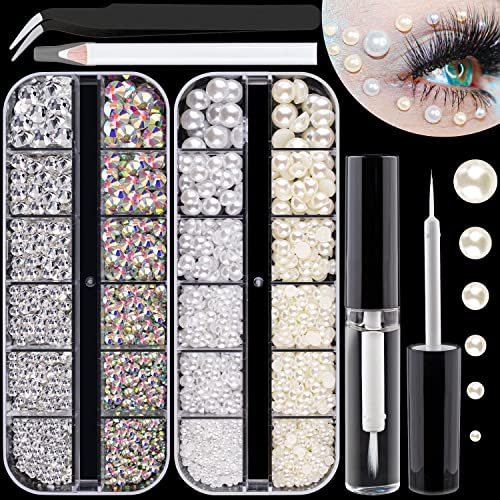 Flat Back Rhinestones&Pearls Kits Round Glass Crystal AB&Transparent White Gems+White&Beige Pearls With Quick Dry Makeup Glue+Picker Pencil+Tweezer BELLEBOOST