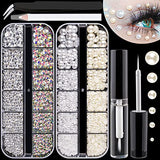 Flat Back Rhinestones&Pearls Kits Round Glass Crystal AB&Transparent White Gems+White&Beige Pearls With Quick Dry Makeup Glue+Picker Pencil+Tweezer BELLEBOOST